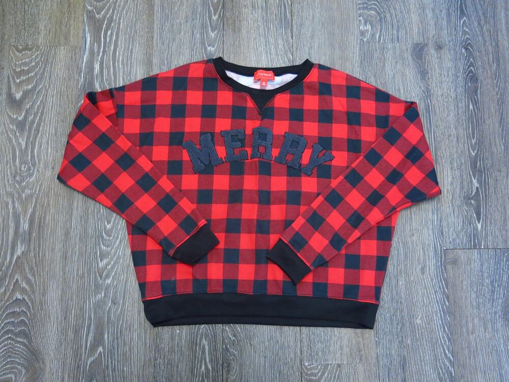 Joyland *NWT* MERRY Christmas Top Size M Women Buffalo Plaid Red Black Festive